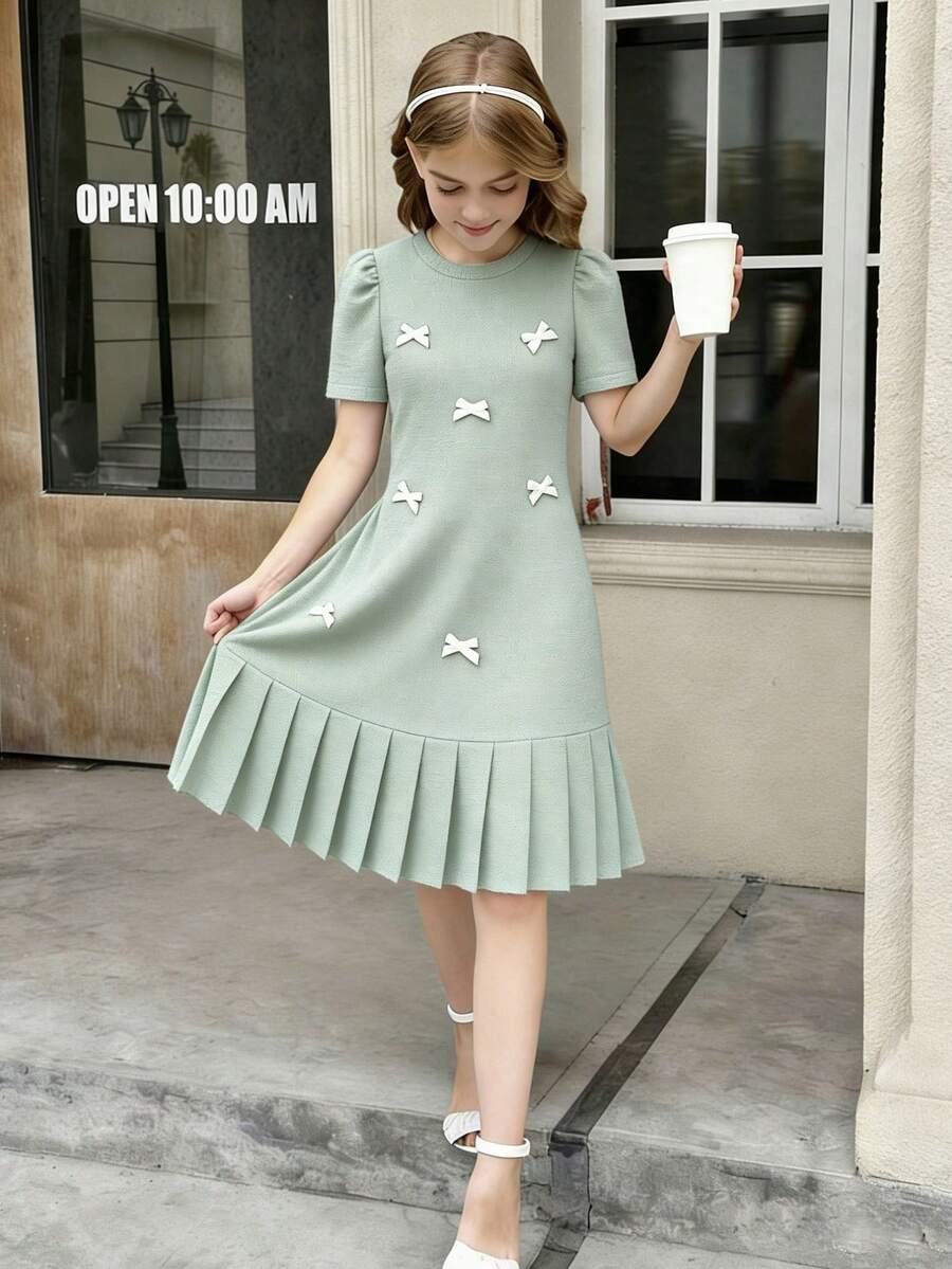 SHEIN 1件少女蝴蝶结褶皱短袖连衣裙，宽松版型，春夏款 - 薄荷綠 - 查看 1