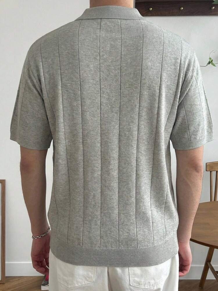 Men's Textured Knit Polo Shirt With Short Sleeves, Grey, Summer