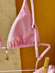 Swim Mod Embroidered Solid Color Tie-Up Bikini Set Bathing Suit Accessories Swimwear - Pink - View 5