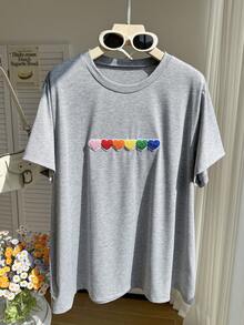 Comfortcana Tricou colorat 3D din pluș cu inimă, guler rotund, mânecă scurtă, casual, gri deschis, mărime plus - Gri deschis - Vizualizare 6