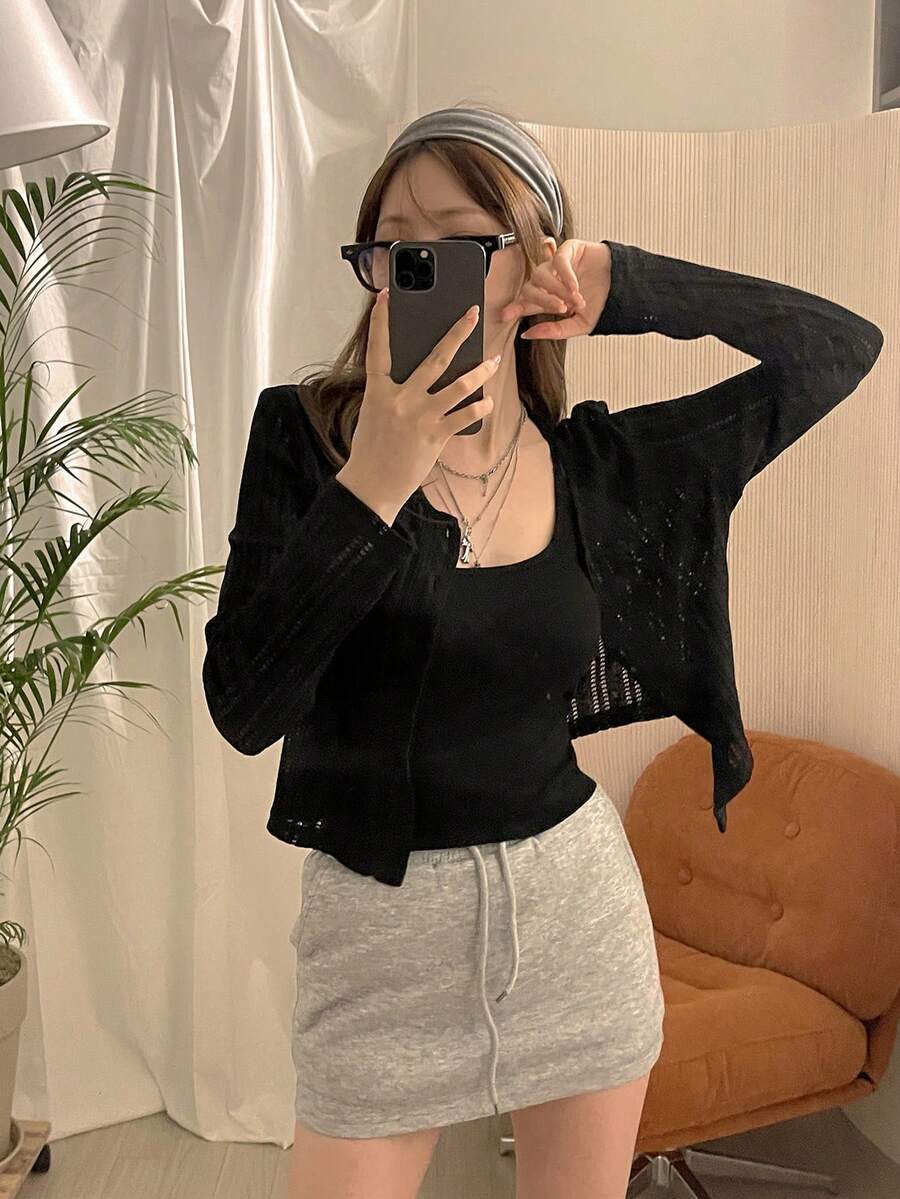 DAZY Áo thun nữ dáng rộng cổ tròn, không cài cúc, thích hợp mặc mùa hè - màu đen - Xem 1