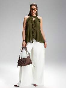 LYSMO Blusa de talla grande con cuello anudado y volantes de unicolor simple - Verde - Ver 5