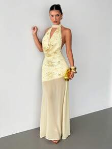 Siren Gaze 优雅金色亮片烟花刺绣露背低胸长款晚礼服，适合夏季穿着——散发优雅女神般的魅力，适合宴会、晚宴、时尚派对等场合，展现自信和独特的个性。 - 杏色 - 查看 2