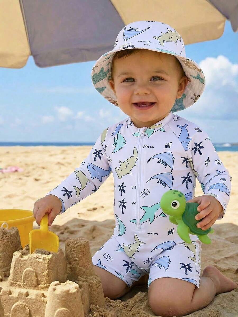 SHEIN Bubblio 男童休闲可爱趣味海洋贝壳印花长袖泳衣套装，含泳帽，适合春夏穿着，居家、外出、旅行、海滩、泳池、派对等场合。 - 藍白色 - 查看 1