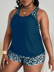 Swim Lushoire 2026 Plus Size Women Leopard Print Tankini Swimsuit Set - Teal Blue - View 5