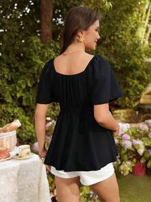 SHEIN Maternity Solid Color Sweetheart Neck Front Tie Raglan Short Sleeve Blouse - Black - View 2