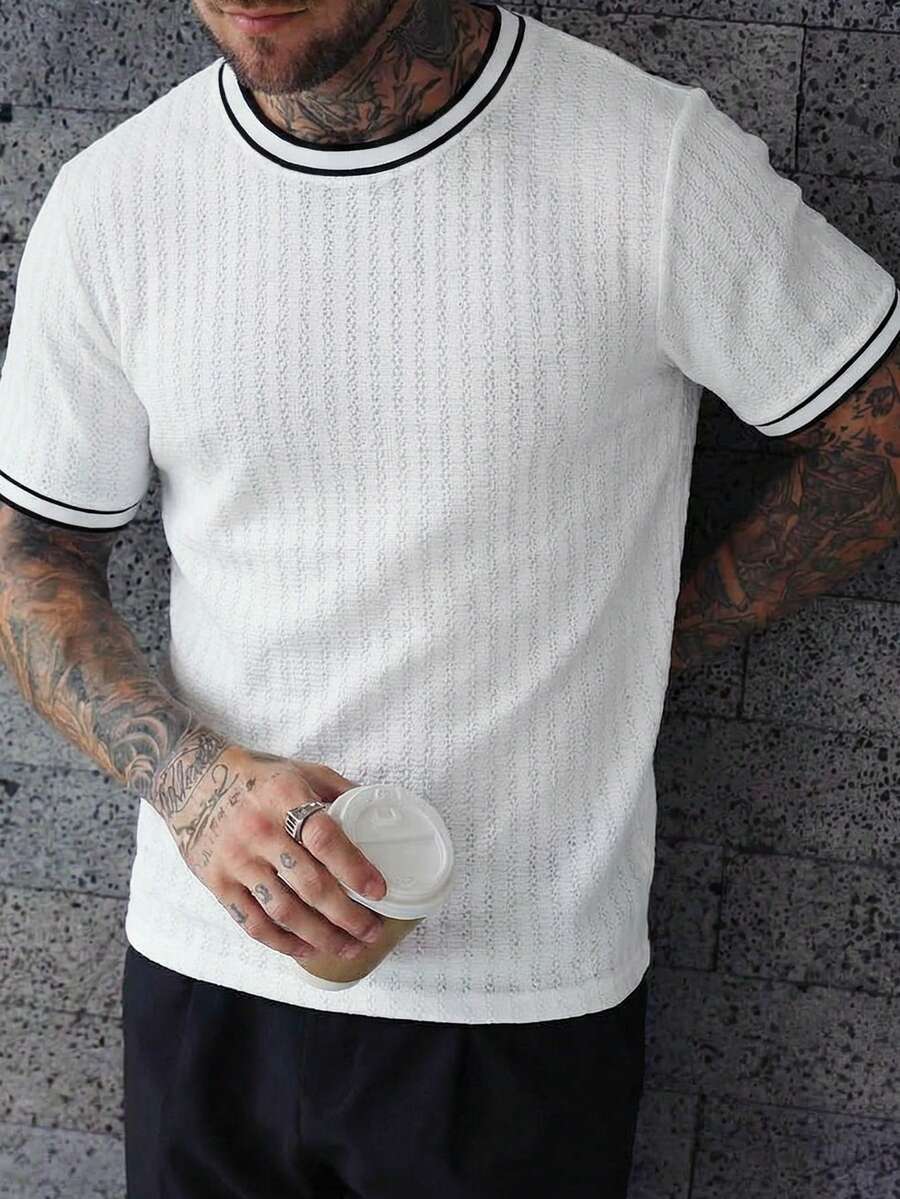 Manfinity Homme 男士纹理面料套头T恤,适合休闲、居家和外出穿着 - 白色 - 查看 1