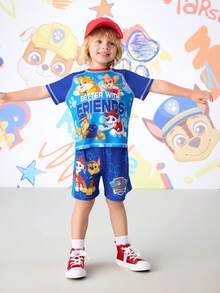 SHEIN | PAW Patrol Set de 2 piezas de camiseta de manga corta y pantalones cortos con estampado de dibujos animados para niños pequeños - Azul - Ver 6