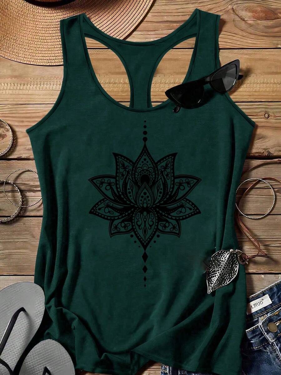 EMERY ROSE Plus Size Women Casual Minimalist Lotus Flower Pattern Racerback Tank Top, Suitable For Summer - Dark Green - View 1
