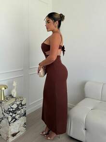 Maria Perezxox Robe d'été à bretelles dos nu avec pétales, style floral 3D, tenue de vacances pour femme, tenues de plage, robes d'été pour femmes - Tabac - Voir 5