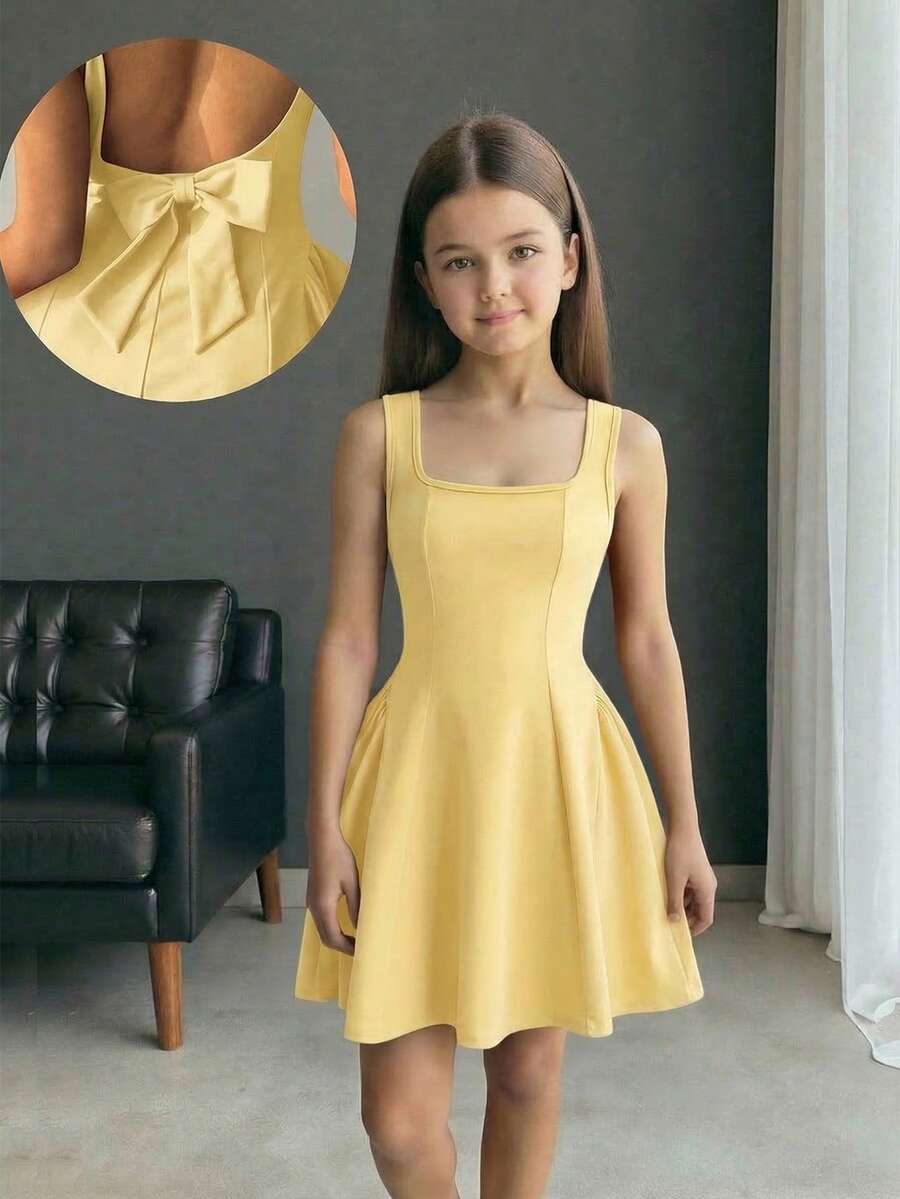 Firerie Kids Tween Girls' Lovely Square Neck Yellow A-Line Patchwork Dress With Large Bow Back - Yellow - View 1