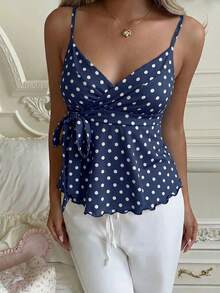 CovetEZ Women's Spring/Summer New Item - Sweet Casual Blue Polka Dot Fresh Girly Style Side Tie Ruffle Hem Camisole - Multicolor - View 5