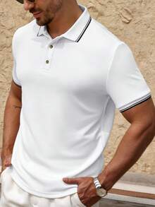 Manfinity Homme 男士条纹短袖休闲通勤 Polo 衫 - 白色 - 查看 7