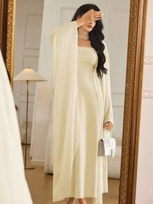 Modelyn Women's Fitted Pearl Spaghetti Strap Maxi Dress With Shawl, 2 Pieces Set - Apricot - View 3