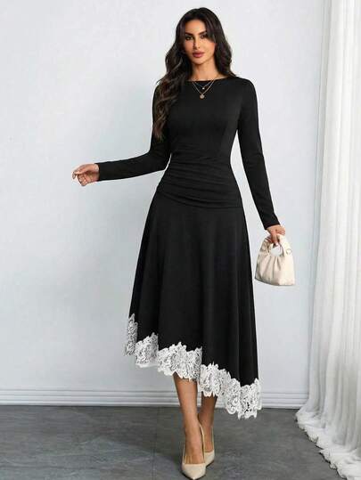 Modelyn Women's Round Neck Pleated Waist Black Lace Patchwork Elegant Romantic Minimalist Mid-Length Dress