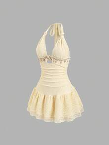 Sweetra 美式休闲度假风露背吊带蕾丝设计多层腰身收腰修身夏季时尚新款假日沙滩性感连衣裙 - 黃色 - 查看 3