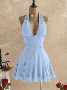 Soleia Elegant Light Blue Summer Tea Party Dress For Women,Halter Tie Strap Ruffle Lace Backless Bow Decor Mesh Mini Dress,Beach Wedding Guest Attire,Boho - Baby Blue - View 3