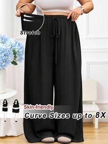 SHEIN CURVE+ Curve 尺码 US22 音乐节、海滨度假、波西米亚纯色休闲打结阔腿裤、阔腿亚麻裤、商务休闲女装 - 黑色 - 查看 2