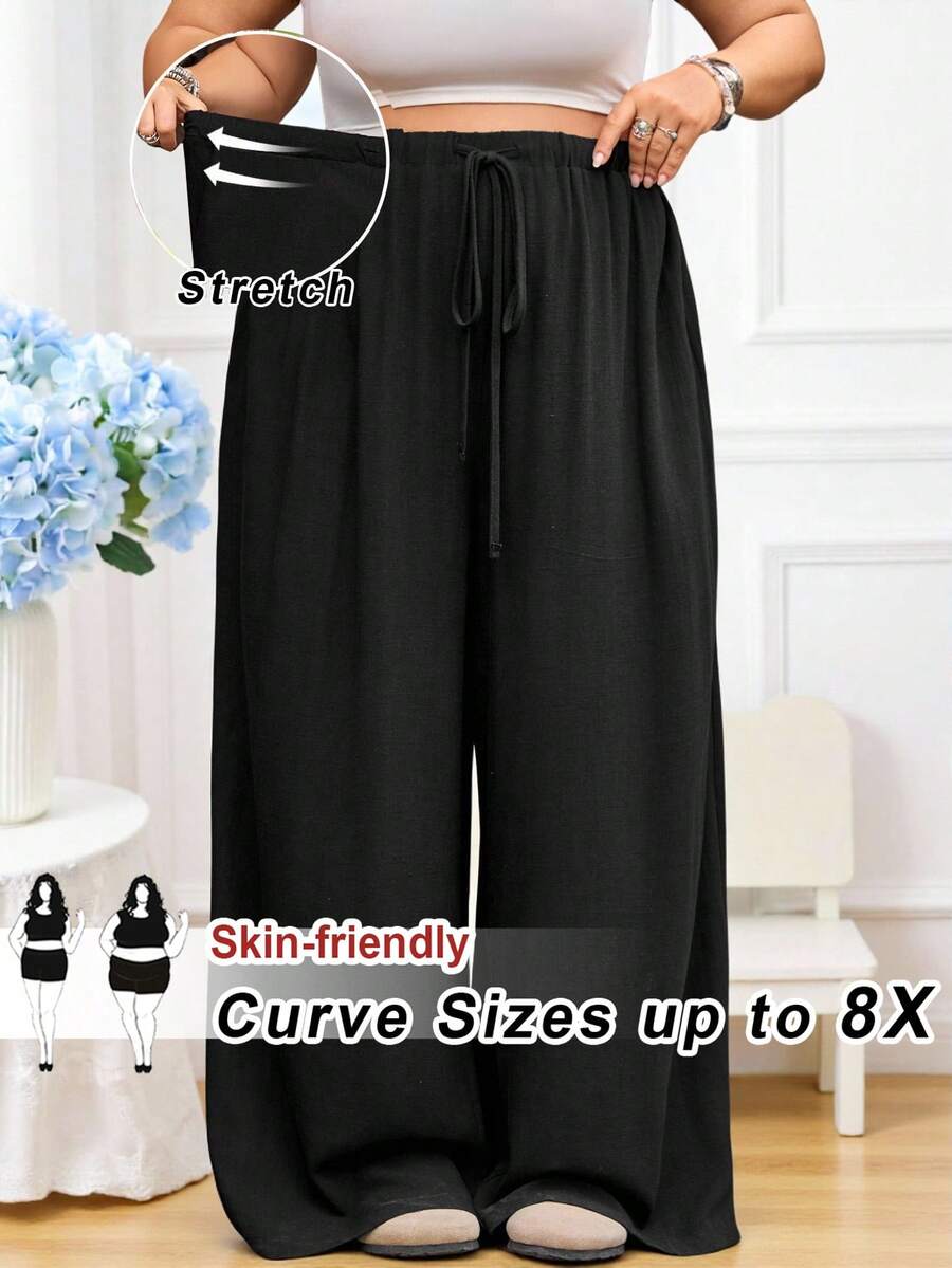 SHEIN CURVE+ Curve 尺码 US22 音乐节、海滨度假、波西米亚纯色休闲打结阔腿裤、阔腿亚麻裤、商务休闲女装