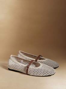 Rosivie 时尚精致网眼镂空平底女鞋，时尚舒适，法式方头优雅平底鞋 - 米白2 - 查看 3