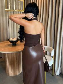Dayanna Comas Women's Solid Color Minimalist Halter Neck Camisole, Everyday Wear - Coffee Brown - View 2