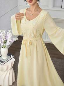 Yasmyna V-Neck Front Embroidered Bubble Pearl Flare Sleeve Dress, Arabic Style - Yellow - View 5