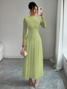 Modelyn 酒红色高领收腰蕾丝连衣裙（女款） - 綠色 - 查看 4