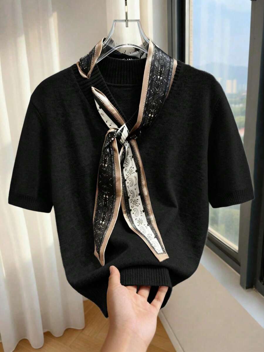 Franclia Summer Black Elegant Smart Office Knit Blouse,Vintage V-Neck Short Sleeve Loose Casual Top,Layered Design Asymmetric Tie-Up Chic Korean Style Business - Black - View 1