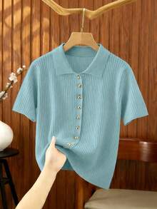 SHEIN Franclia 新款夏季休闲宽松百搭简约优雅柔软Polo衫，适合办公室、工作、通勤等场合，金属纽扣设计，修身剪裁，款式简洁大方，男女皆宜，极简女式开衫 - 薄荷藍 - 查看 6