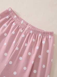 4-Piece Set Girls' Cute Rabbit Cartoon Pattern Pink And White Polka Dot Pajama Set,Summer Short-Sleeved Top And Pants Sleep Wear,Girly Outfit For Kids - Multicolor - View 5