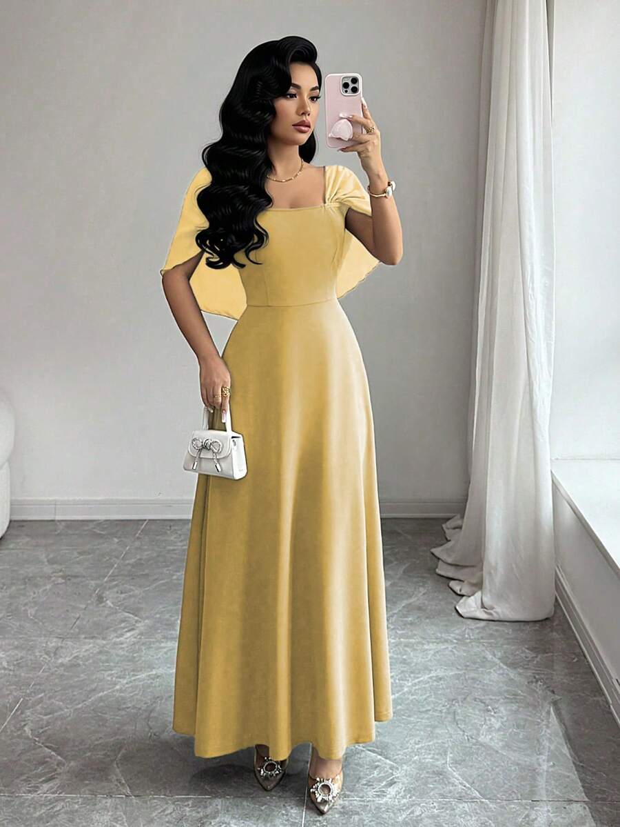 Modelyn Women's Square Neck Waist Gathered A-Line Long Dress, Elegant Romantic Everyday Wear - Yellow - View 1