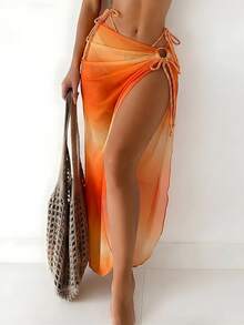 Swim SXY 夏季新款女士三件套渐变编织肩带比基尼套装，系带比基尼下装和沙滩裙 - 橘色 - 查看 5