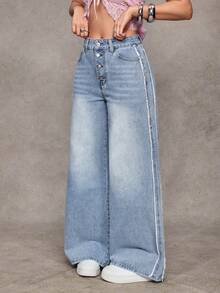Jeanoix Women's Button Front Pocket Frayed Hem Loose Casual Jeans - Light Wash - View 1