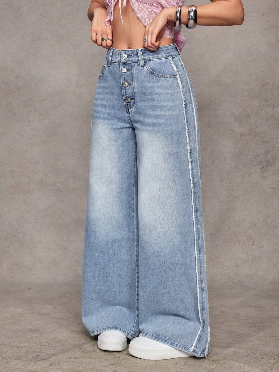 Jeanoix Women's Button Front Pocket Frayed Hem Loose Casual Jeans - Light Wash - View 1