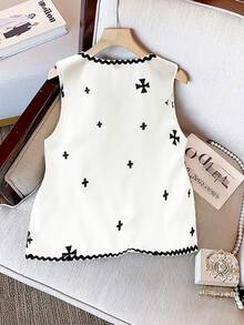 GlowEve 优雅十字印花荷叶边下摆无袖上衣 - 杏色 - 查看 2