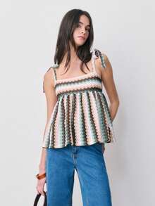 Nöista Zigzag Textured Knit Sleeveless Top With Adjustable Tie Straps. Spring, Summer, Boho, Festival, Summer Outfit, Woman. - Green - View 4