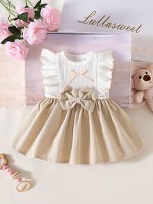 Đầm sơ sinh bé gái màu trắng không tay cổ ren phối nơ hồng, kiểu dáng thanh lịch retro dễ thương, chất liệu vải thoải mái. - Màu be - Xem 5