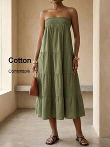 BamGleam Đầm cúp ngực không dây, xếp ly, chất liệu 100% cotton, kiểu boho, dáng suông, thoải mái, thích hợp cho đi biển, dự tiệc, mùa xuân/hè, dành cho nữ. - màu xanh lá - Xem 6