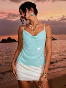 Poéselle 优雅浅蓝色泪滴装饰细肩带，夏季 - 藍色 - 查看 6