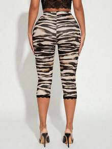 Radiana Sexy Casual Zebra Print Leggings, Bow Lace Trim Leggings, Capri Pants, Skinny Pants, Leisure Pants, Beach Pants, High Elastic Knit Fabric, Slim Fit Curve-Revealing, Suitable For Casual Outings, Urban, Island Vacation, Beach, Holiday, Night, Date, Gathering, Party, Club, Cocktail Party, Carnival, Music Festival, Concert, Festival, Animal Print - Multicolor - View 2