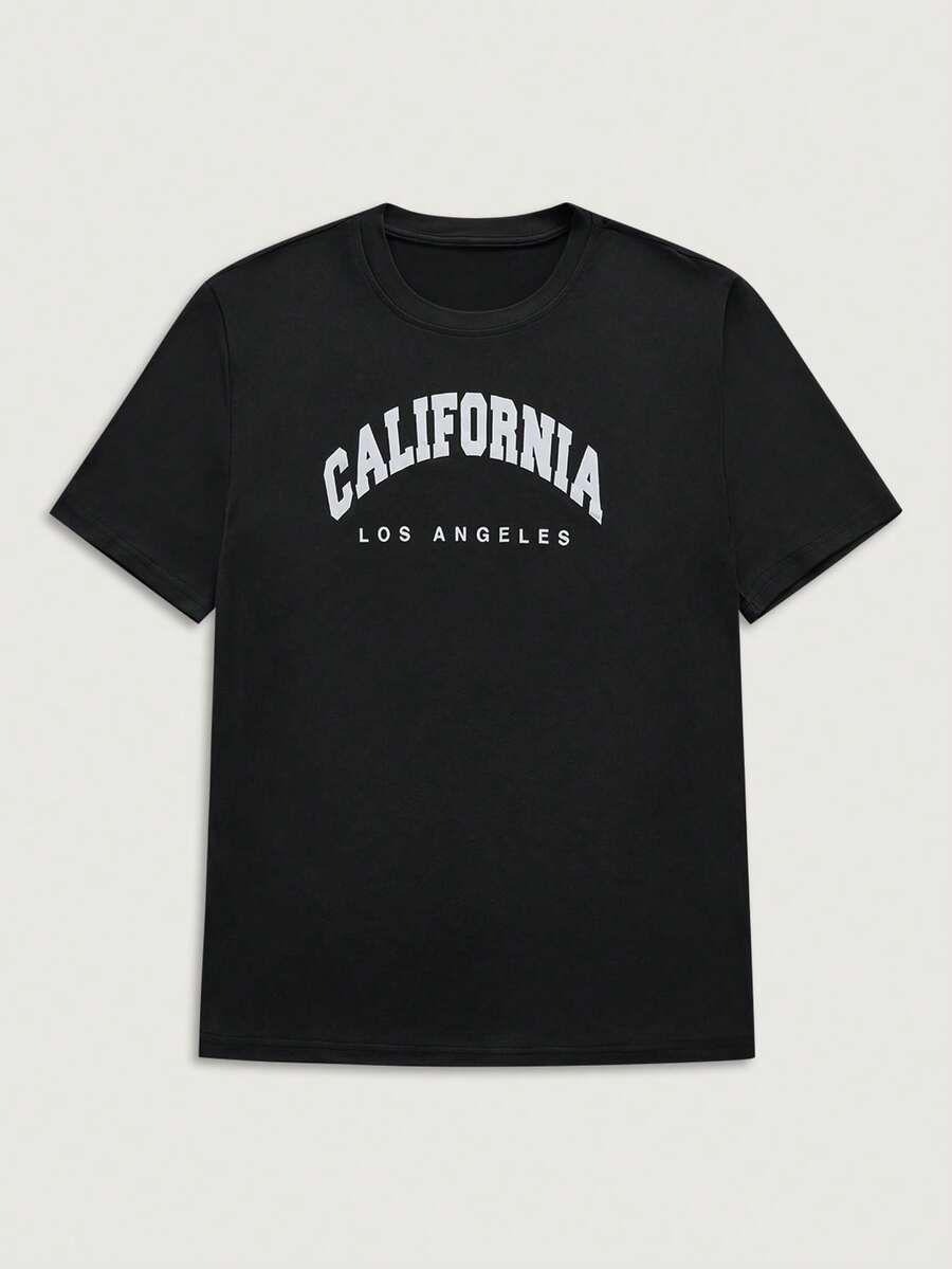 Courvante 男士夏季字母印花圓領短袖休閒T恤 - 黑色 - 查看 1