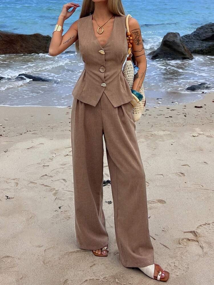 Women's Elegant Metal Buckle Sleeveless Top And Elastic Waist Wide Leg Pants Casual 2-Piece Set Summer