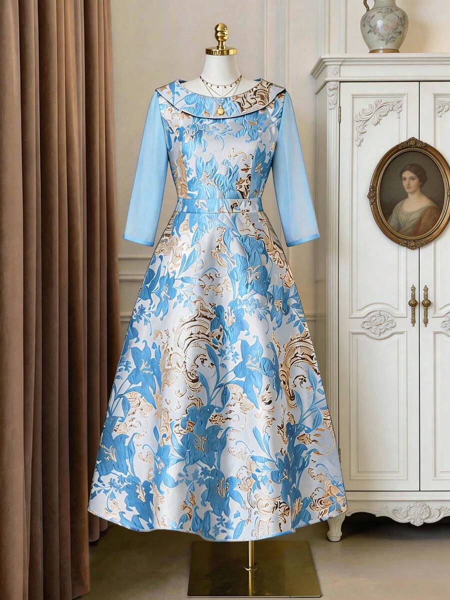 Ellevyn 女士圆领提花复古优雅派对中长连衣裙 - 湖藍色 - 查看 1