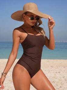 Shapewave 女士纯色吊带连体泳衣，适合海滩度假，收腹设计，女士连体泳衣，后背系带泳衣，塑形泳装，收腹泳衣 - 棕色 - 查看 4