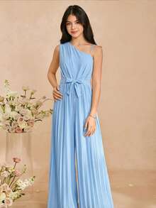 SHEIN Teen GirlAsymmetric Shoulder Jumpsuit, Fashion Elegant Wide Leg Pants With Belt, Suitable For Daily Outings And Gatherings, Spring/Summer Jumpsuit Teen Girls Rompers For Girls Wedding Guest Teen Outfit Wide Leg Jumpsuit Jumpsuits For Woman - Black - View 8