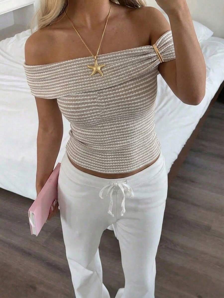 Aloruh Women's Asymmetrical Off-Shoulder Knit Top,Summer Top