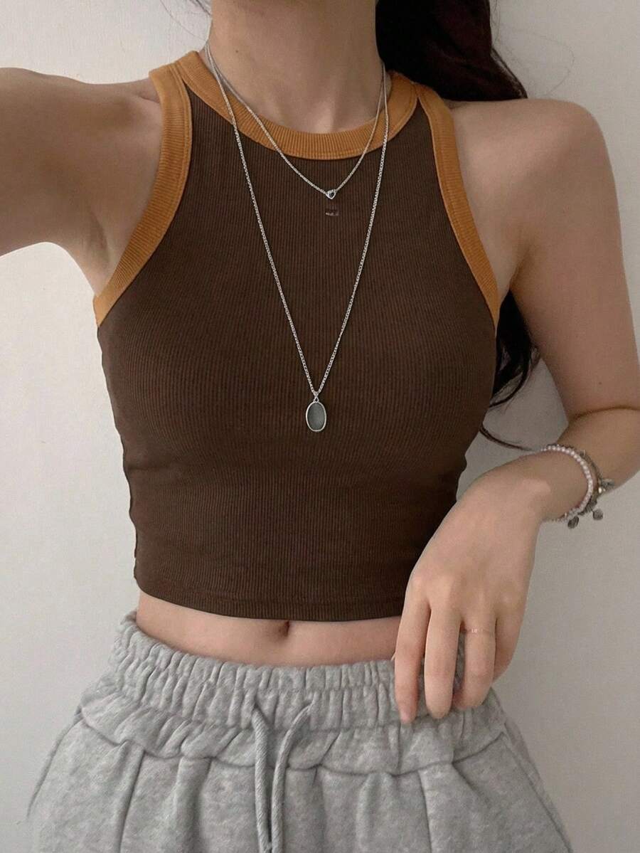 DAZY Women's Patchwork Contrast Color Basic Sports Tank Top Crop Tops Women - Brown - View 1