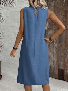 EMERY ROSE Vestido de verano casual de línea A de cuello redondo y unicolor, vestido de verano para mujer, casual - Azul - Ver 2