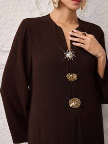 Al Najma Plus Size Women Metal Sun Decor V-Neck Loose Arabic Style Dress - Coffee Brown - View 1