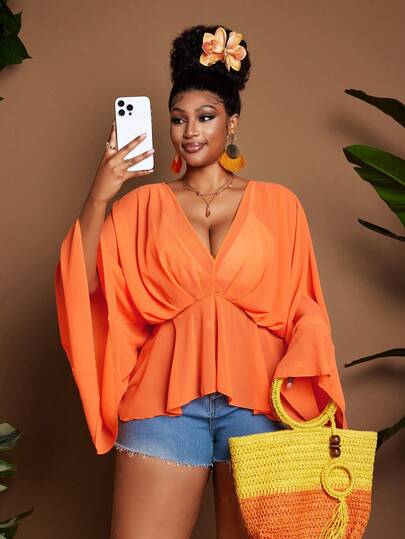 Maweii Plus Size Women's French Chic V-Neck Ruched Loose Flare Sleeve Pleated Slimming Flowy Chiffon Blouse, Orange